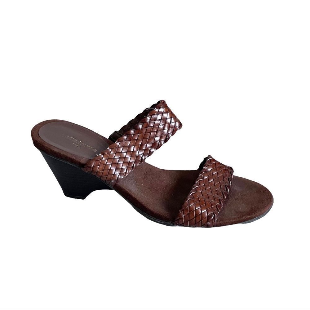 Liz Claiborne Leather Slip On Braided Strap Wedge Sandals Brown 10